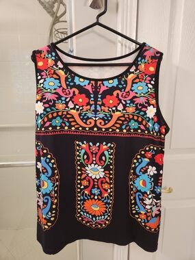 Black Floral Sleeveless Tank Top with Bright Multicolor Print 2XL